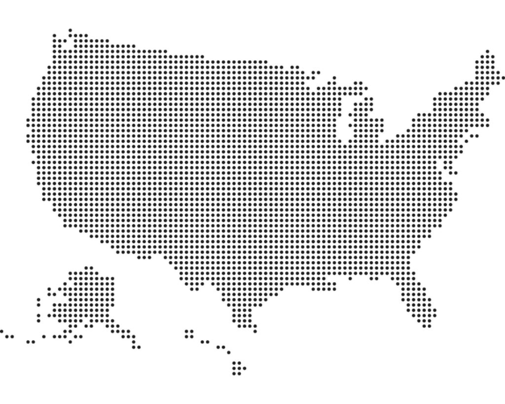 Dot map of the United States of America shows all the states where down payment assistance is available.