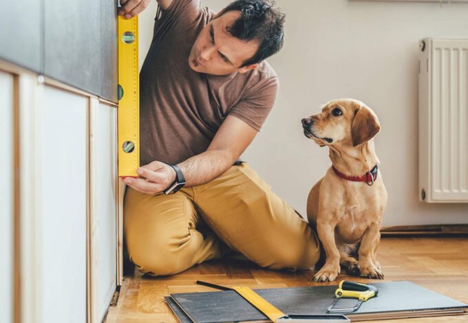 Homeowner using a level to do a home improvement project, while his dog watches on.