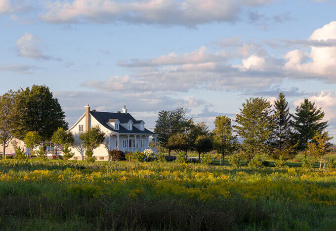 USDA-eligible rural white farmhouse with dormer windows and a front porch, surrounded by field of wildflowers.